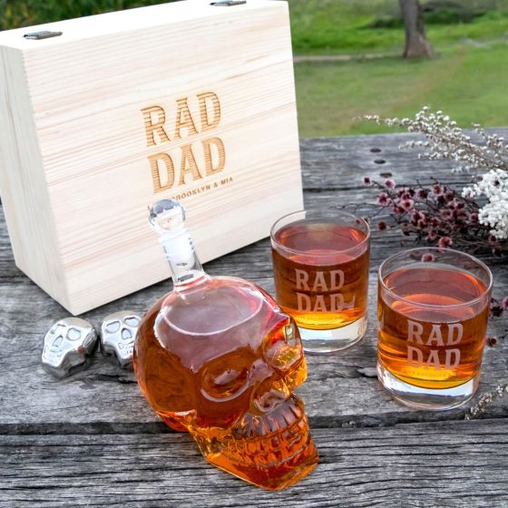 Engraved Father's Day Wooden Gift Boxed Skull Decanter Set