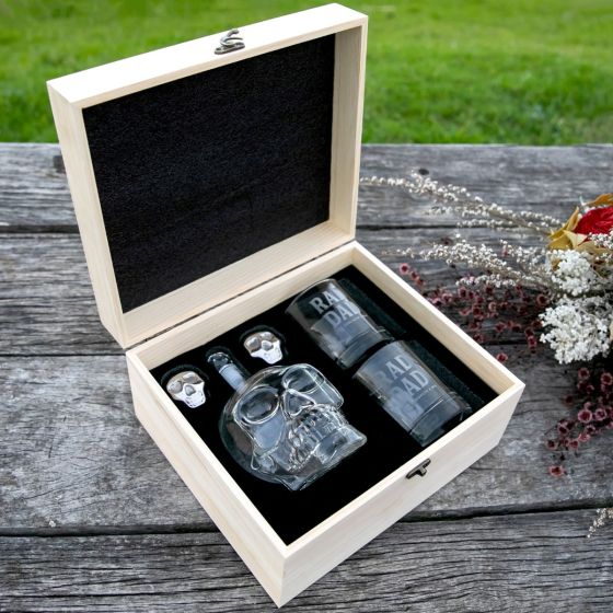 Engraved Father's Day Wooden Gift Boxed Skull Decanter Set