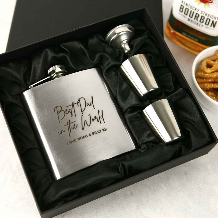 Engraved Father's Day 6oz Silver Hip Flask with Funnel and Shot Glasses