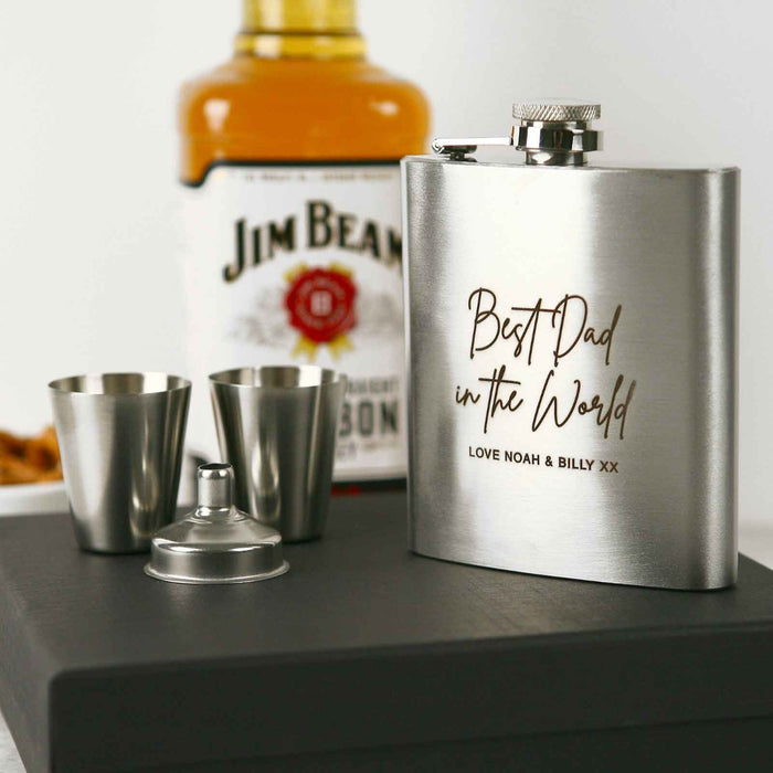 Engraved Father's Day 6oz Silver Hip Flask with Funnel and Shot Glasses