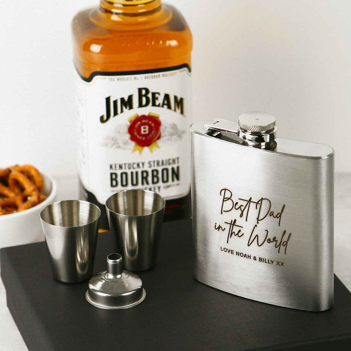 Engraved Father's Day 6oz Silver Hip Flask with Funnel and Shot Glasses