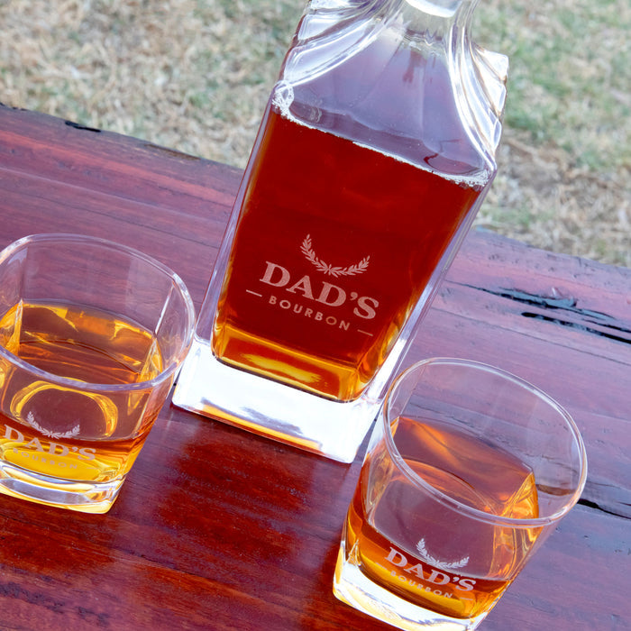 Father's Day Engraved Deluxe Square Whiskey Decanter PLUS 2 Scotch Glasses