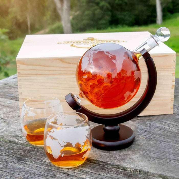 Engraved Wooden Gift Boxed Etched Globe Decanter & Whiskey Glasses