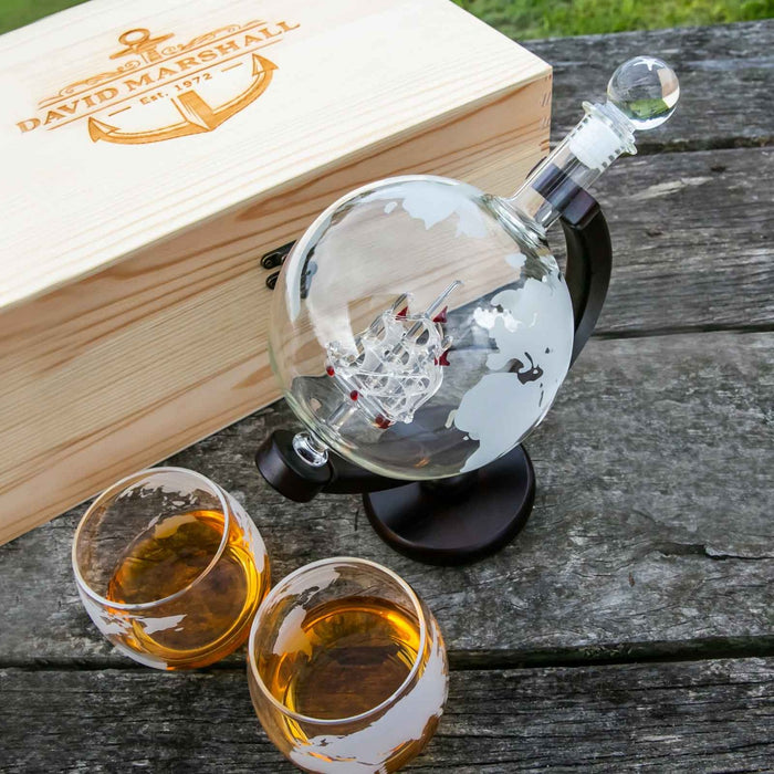 Engraved Wooden Gift Boxed Etched Globe Decanter & Whiskey Glasses