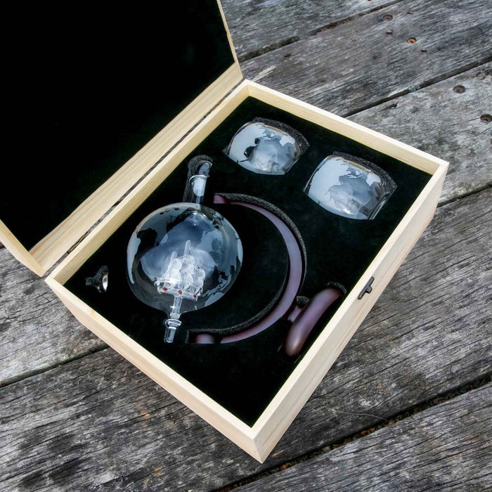 Engraved Wooden Gift Boxed Etched Globe Decanter & Whiskey Glasses