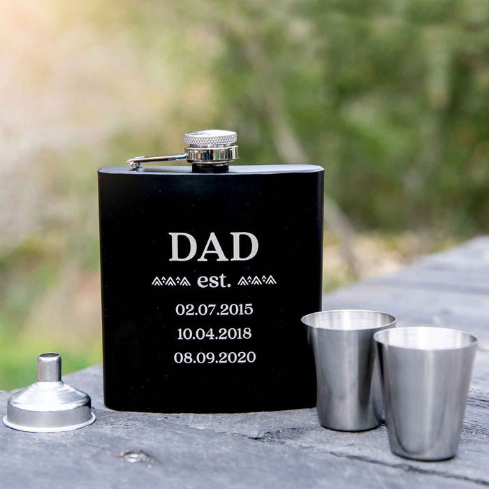 Engraved Father's Day 6oz Black Hip Flask with Funnel and Shot Glasses