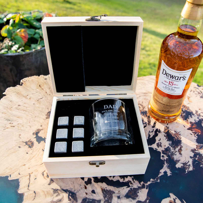 Engraved Father's Day Wooden Gift Boxed Scotch Glass and Whiskey Stone Set