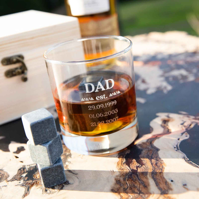 Engraved Father's Day Wooden Gift Boxed Scotch Glass and Whiskey Stone Set