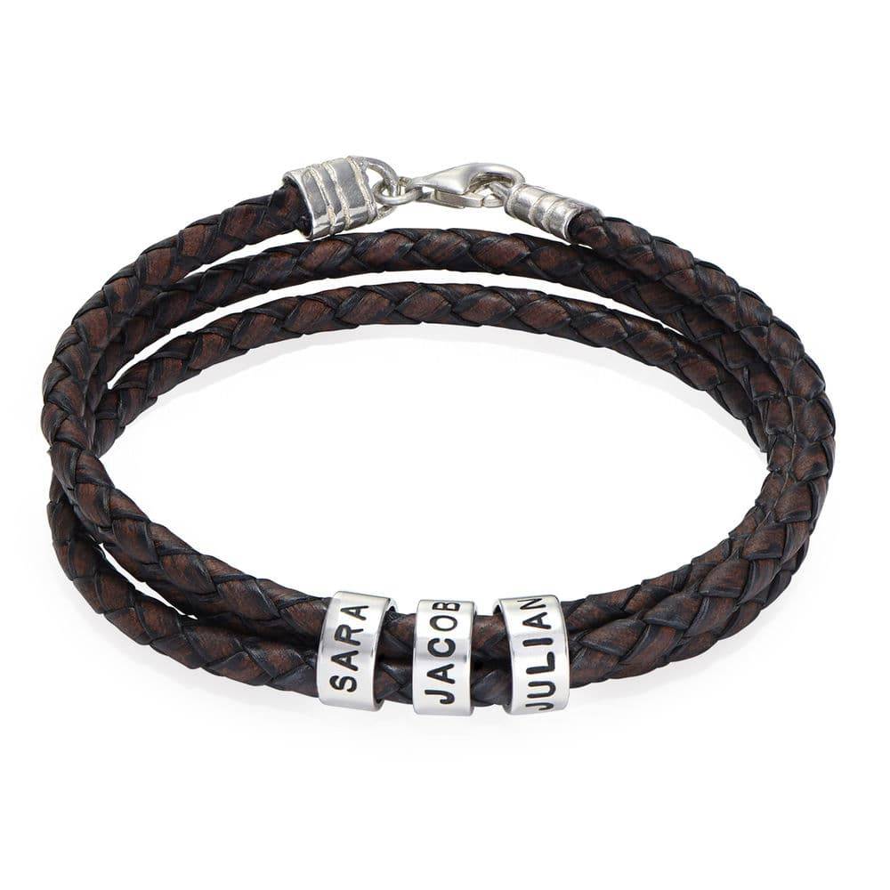 Navigator Braided Brown Leather Bracelet for Men with Custom Beads in Silver