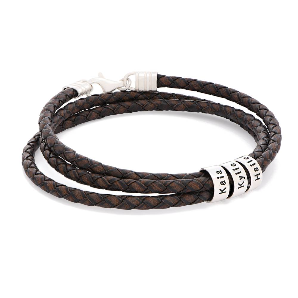 Navigator Braided Brown Leather Bracelet for Men with Custom Beads in Silver