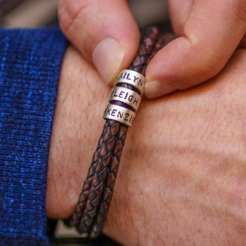 Navigator Braided Brown Leather Bracelet for Men with Custom Beads in Silver