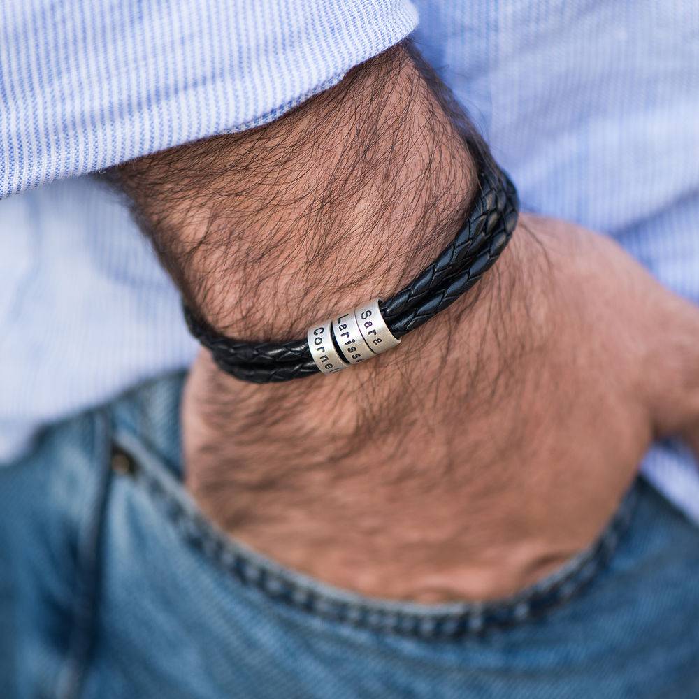 Navigator Braided Brown Leather Bracelet for Men with Custom Beads in Silver