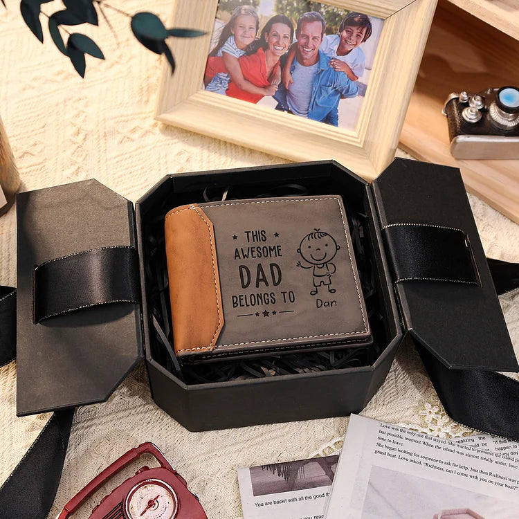 Personalized 1 Name & 1 Photo Men's Leather Folding Wallet "This Awesome Dad Belongs To" Father's Day Gifts