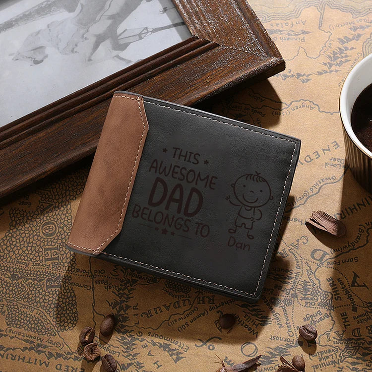 Personalized 1 Name & 1 Photo Men's Leather Folding Wallet "This Awesome Dad Belongs To" Father's Day Gifts