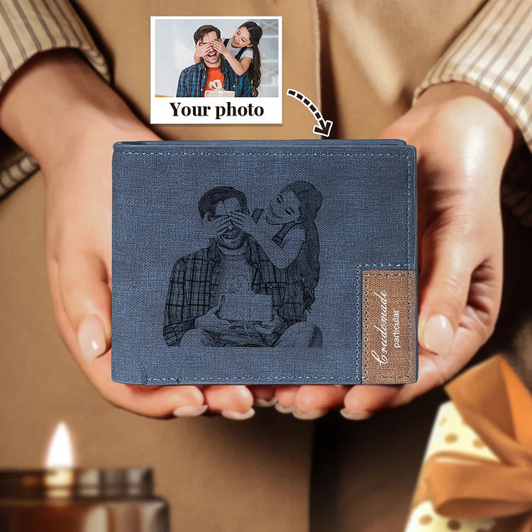 Men Wallet Personalized Photo Wallet With Engraving Blue - Father's Day Gift