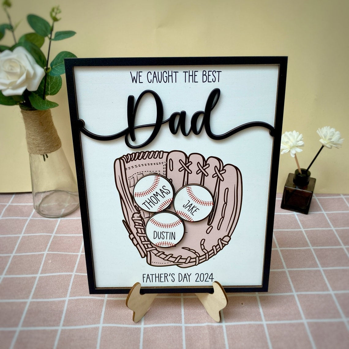 Personalized Baseball Dad Sports Wood Sign With Kids Name For Father's Day Gift