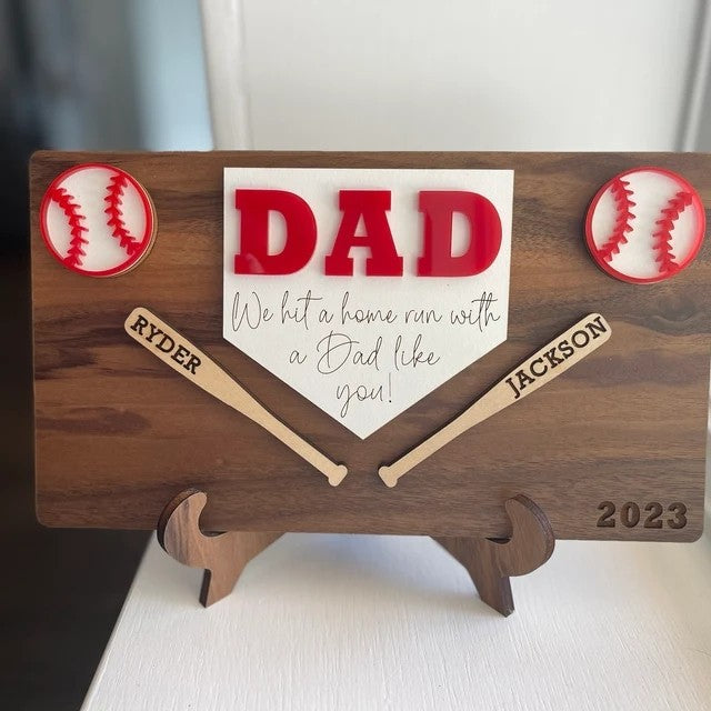 Personalized Baseball Dad Sports Wood Sign With Kids Name For Father's Day