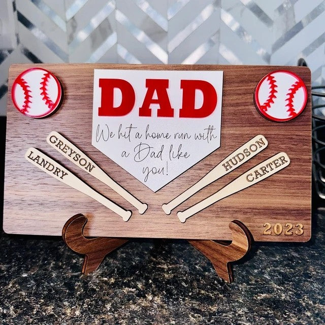 Personalized Baseball Dad Sports Wood Sign With Kids Name For Father's Day