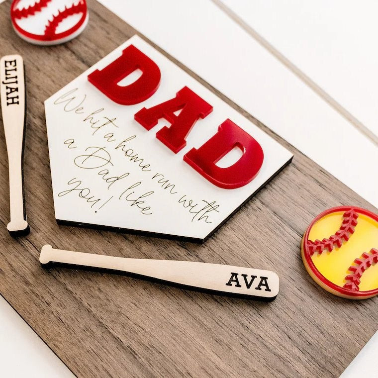 Personalized Baseball Dad Sports Wood Sign With Kids Name For Father's Day