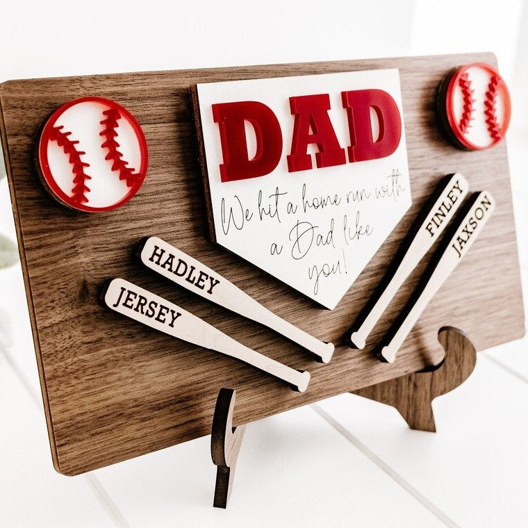 Personalized Baseball Dad Sports Wood Sign With Kids Name For Father's Day