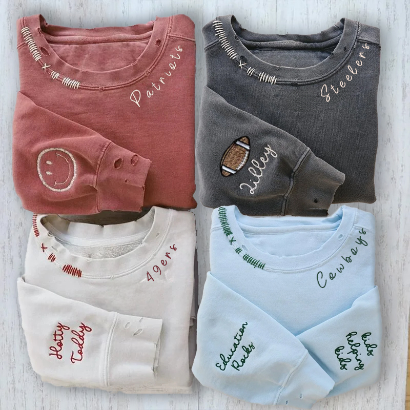 VINTAGE CUSTOM CREW-Custom Embroidered Hand Distressed Sweatshirt Crewneck（both sleeve）