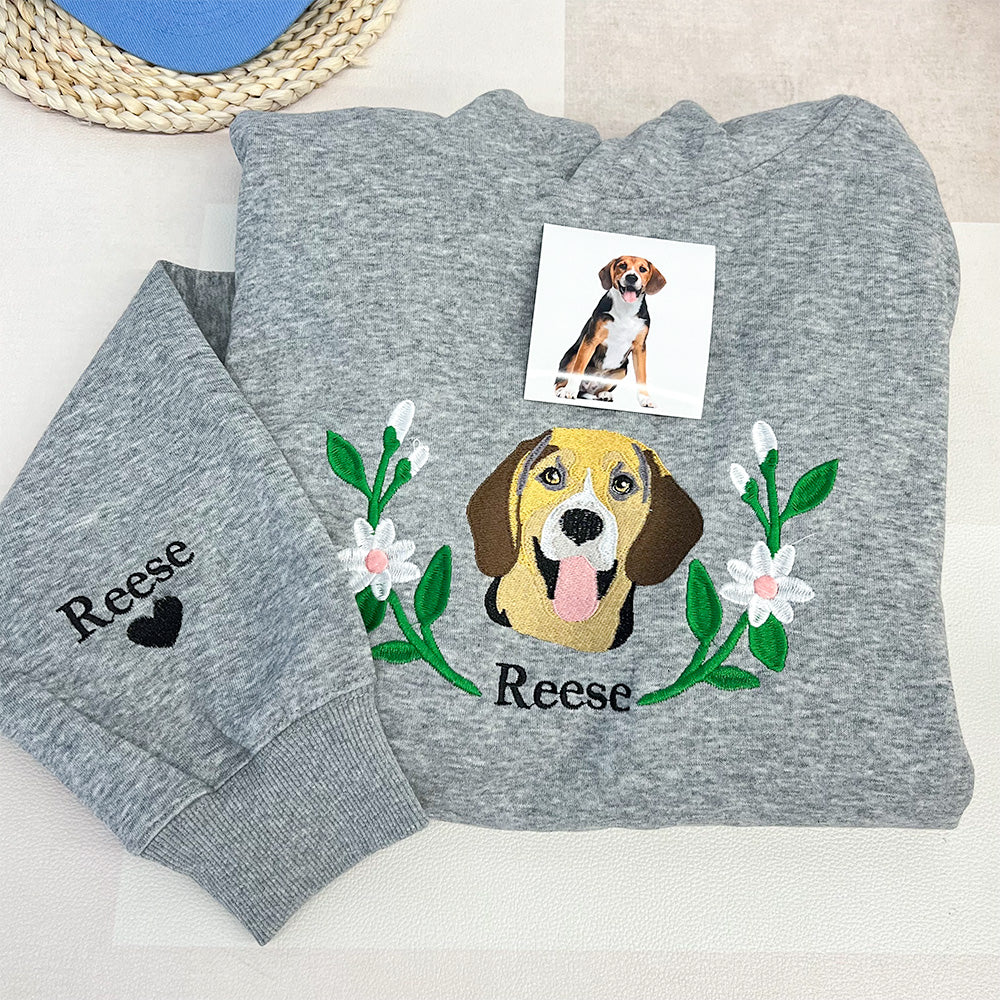 Custom Full Color Embroidered Hoodie/Sweatshirt With Pet Portrait Flower