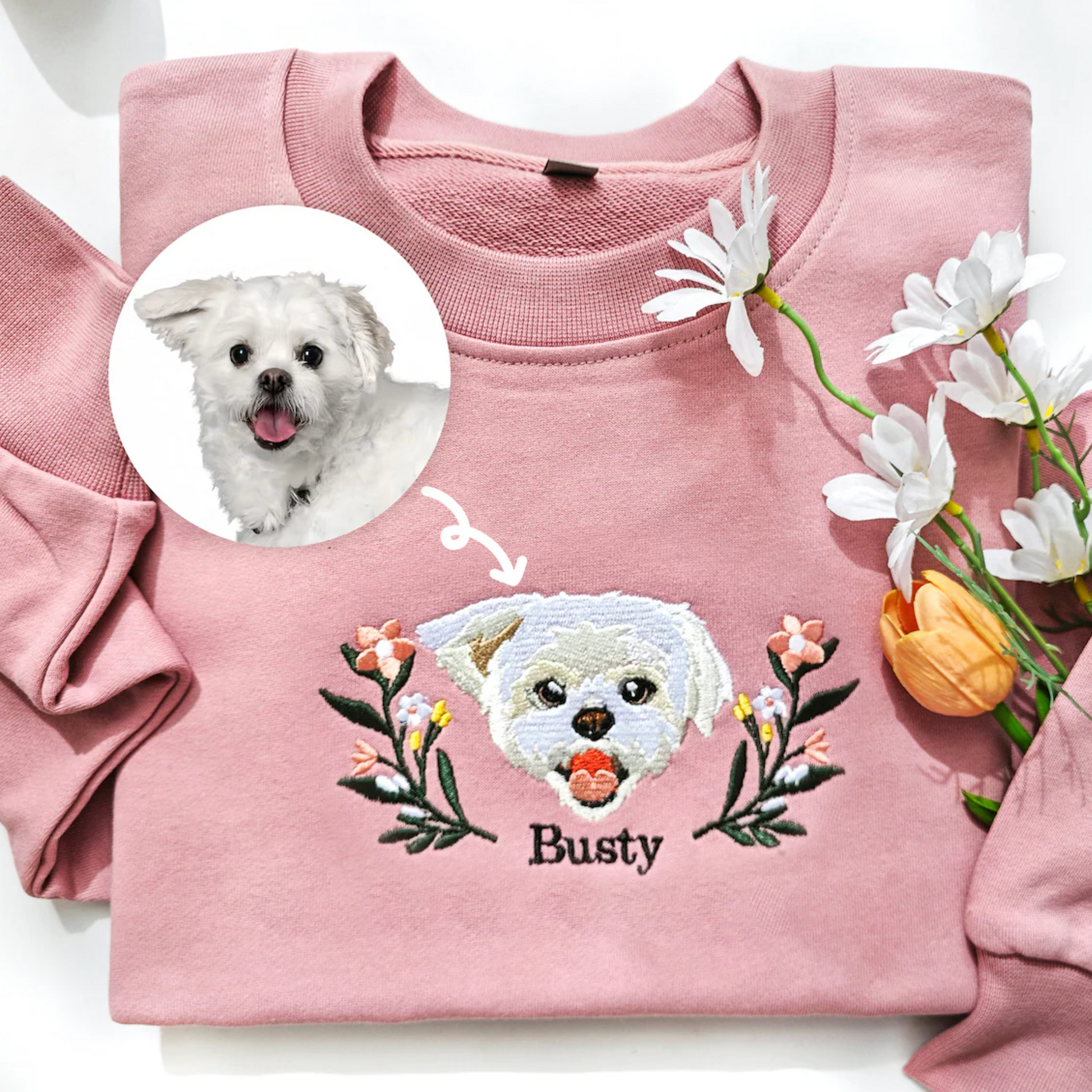 Custom Full Color Embroidered Hoodie/Sweatshirt With Pet Portrait Flower