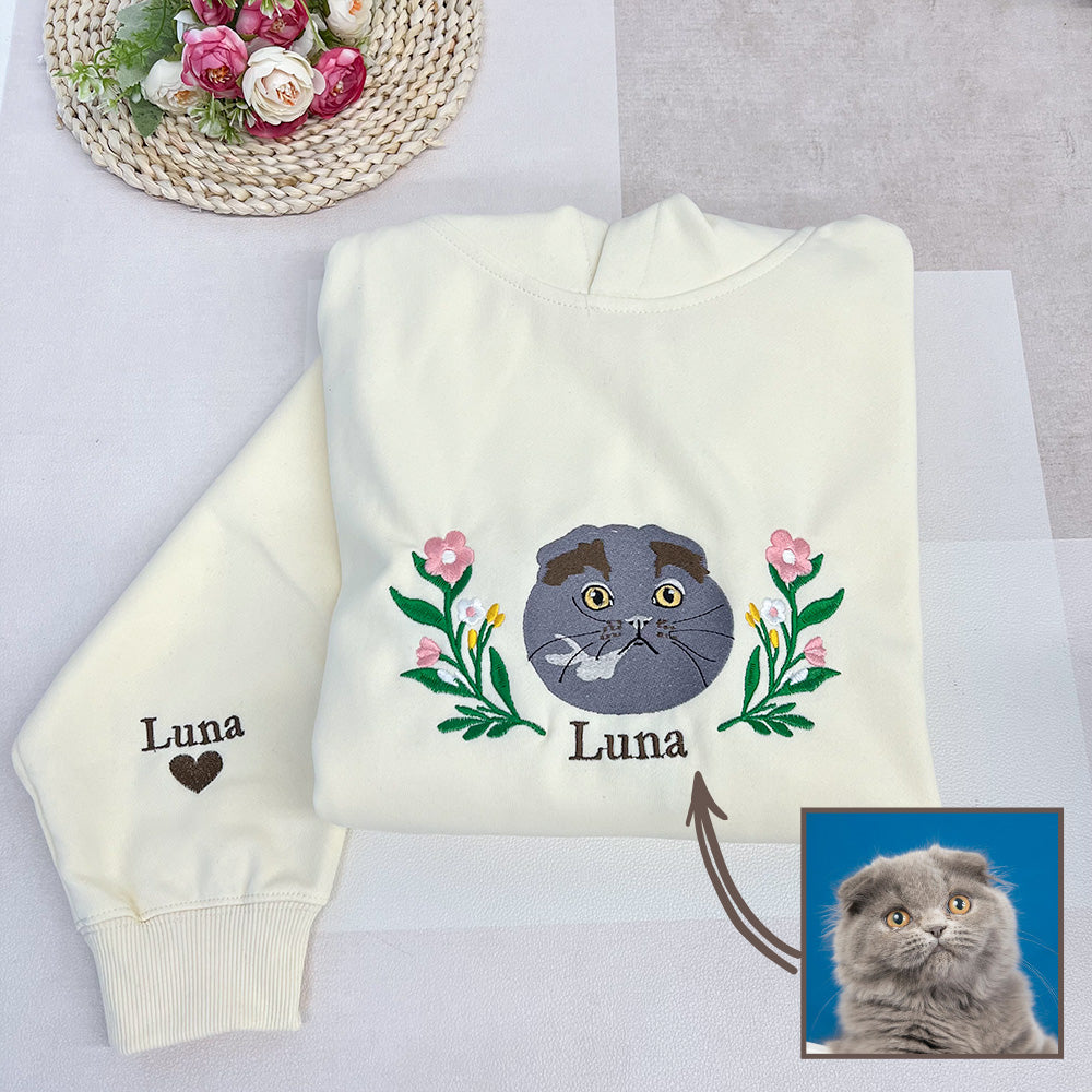 Custom Full Color Embroidered Hoodie/Sweatshirt With Pet Portrait Flower