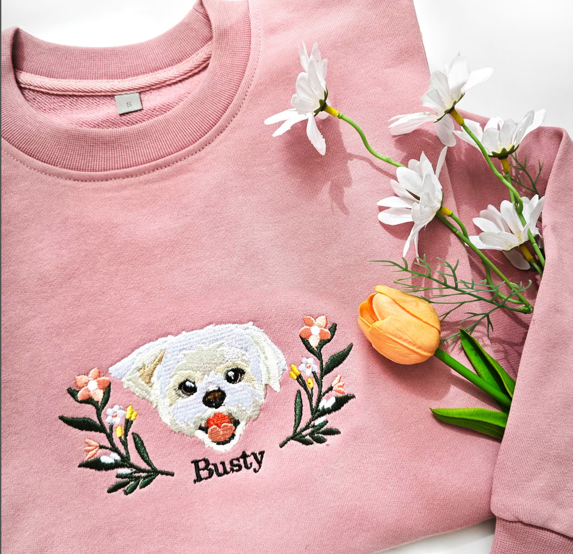 Custom Full Color Embroidered Hoodie/Sweatshirt With Pet Portrait Flower