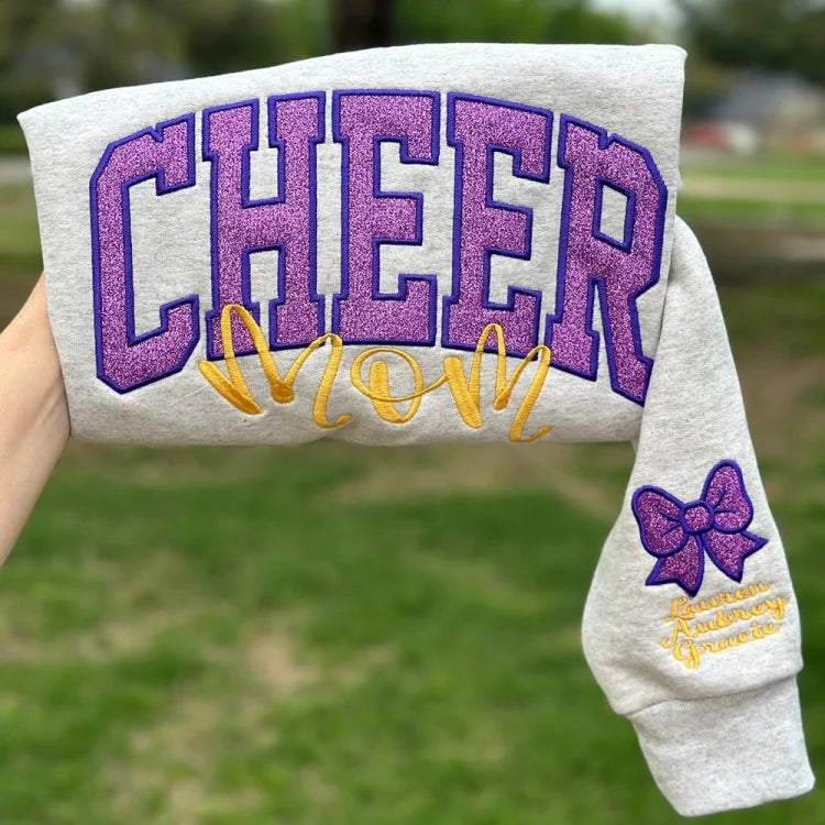 Embroidered Glitter Cheer Mom Sweatshirt With Kids Names On The Sleeve