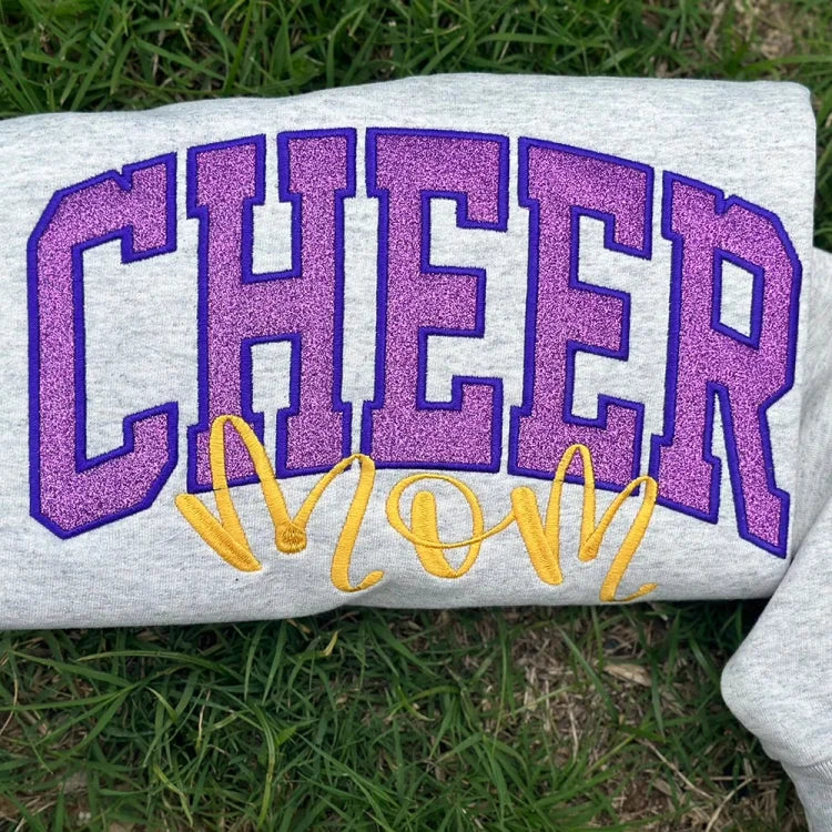 Embroidered Glitter Cheer Mom Sweatshirt With Kids Names On The Sleeve