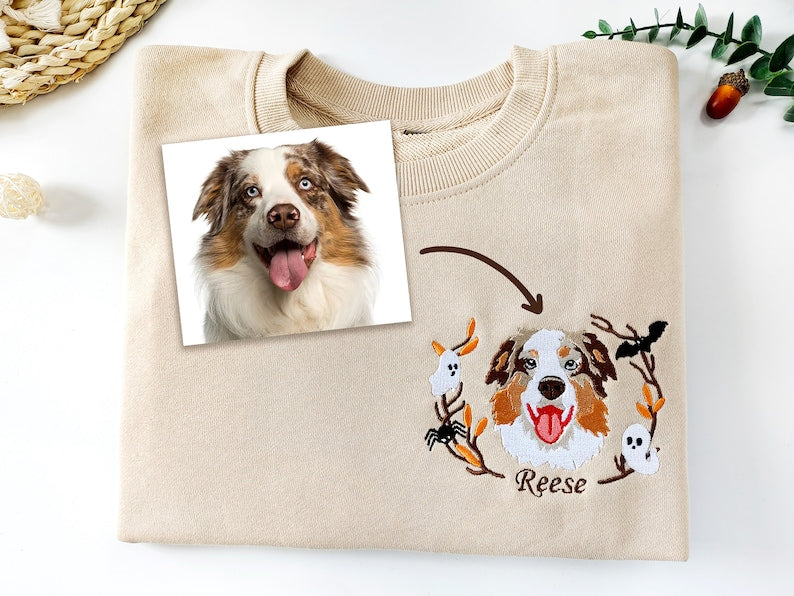 Custom Halloween Embroidered Dog Portrait Photo Sweatshirt