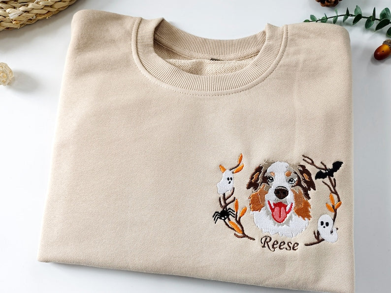 Custom Halloween Embroidered Dog Portrait Photo Sweatshirt