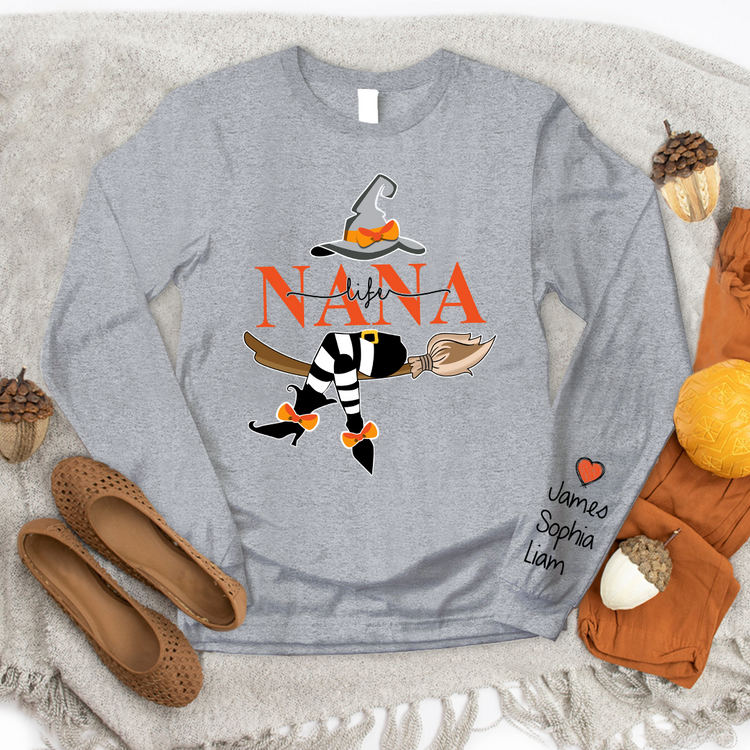 Custom Nana Life Halloween Longsleeve With Kids, Grandma Gift