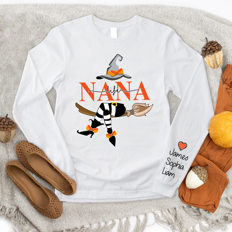 Custom Nana Life Halloween Longsleeve With Kids, Grandma Gift