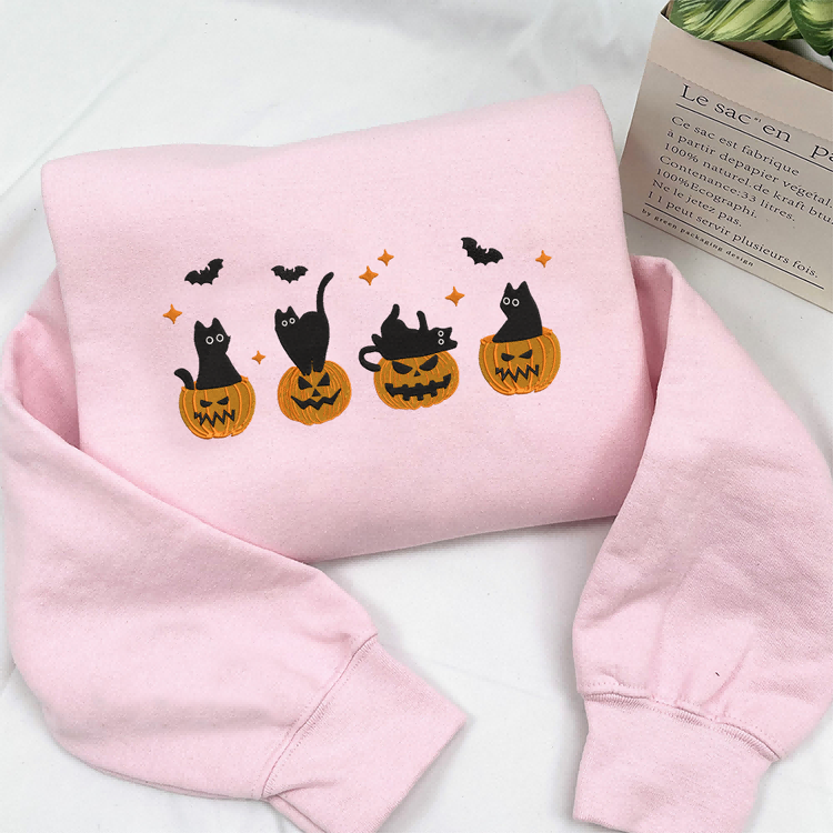 Embroidered Halloween Black Cat Sweatshirt, Pumpkin Fall Sweater