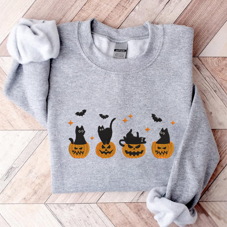 Embroidered Halloween Black Cat Sweatshirt, Pumpkin Fall Sweater