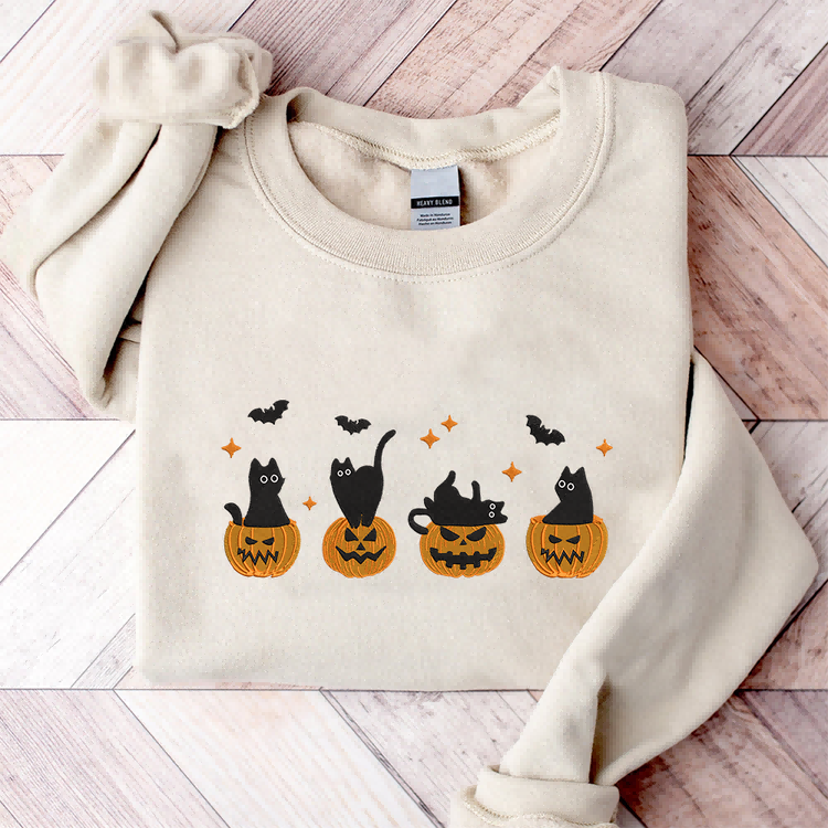 Embroidered Halloween Black Cat Sweatshirt, Pumpkin Fall Sweater