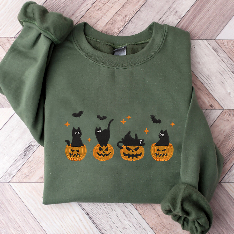 Embroidered Halloween Black Cat Sweatshirt, Pumpkin Fall Sweater