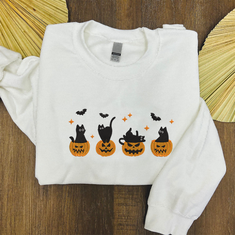 Embroidered Halloween Black Cat Sweatshirt, Pumpkin Fall Sweater