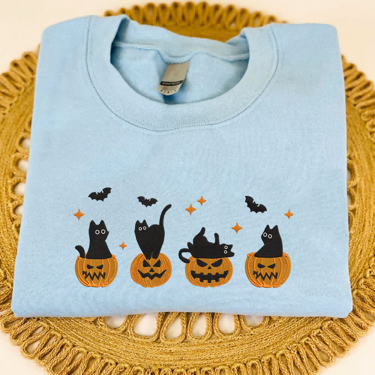 Embroidered Halloween Black Cat Sweatshirt, Pumpkin Fall Sweater