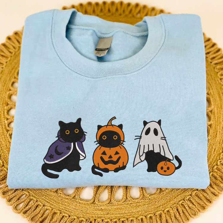 Embroidered Black Cat Sweatshirt, Halloween Sweatshirt