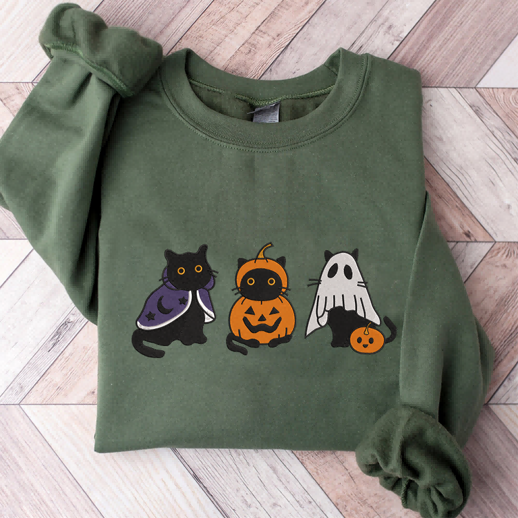 Embroidered Black Cat Sweatshirt, Halloween Sweatshirt