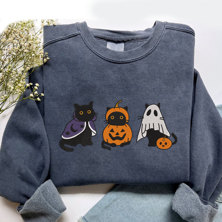 Embroidered Black Cat Sweatshirt, Halloween Sweatshirt