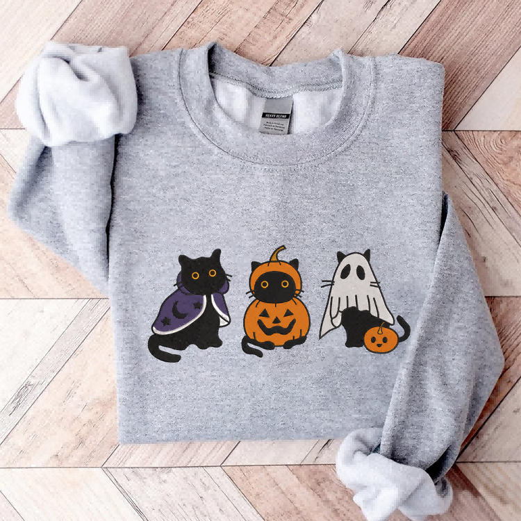 Embroidered Black Cat Sweatshirt, Halloween Sweatshirt