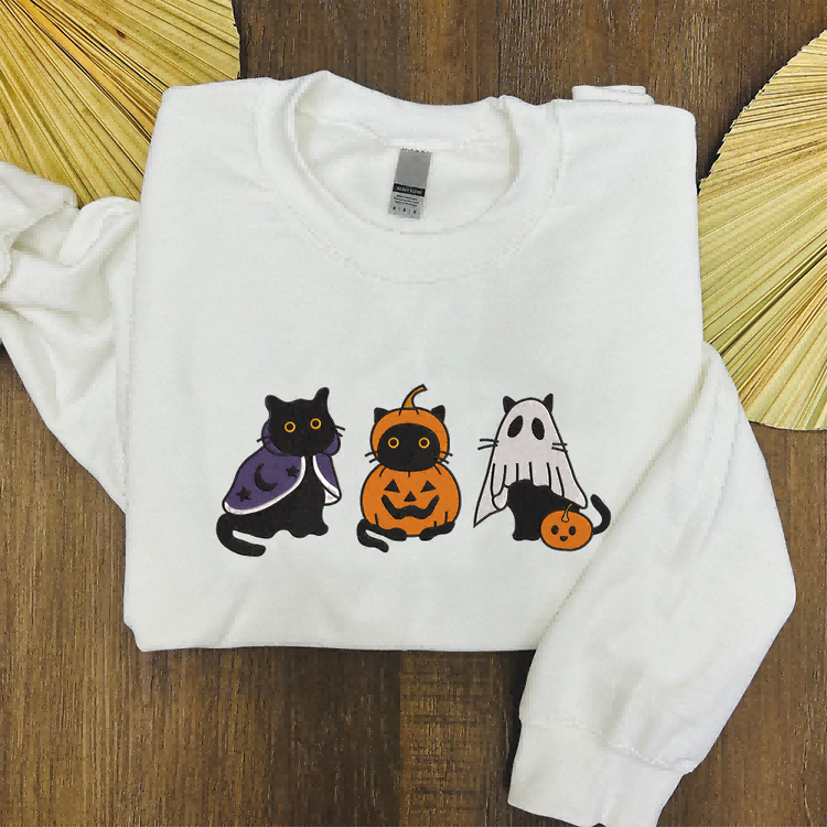 Embroidered Black Cat Sweatshirt, Halloween Sweatshirt