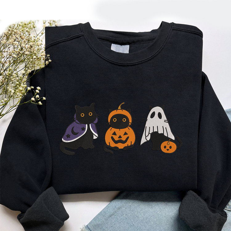 Embroidered Black Cat Sweatshirt, Halloween Sweatshirt