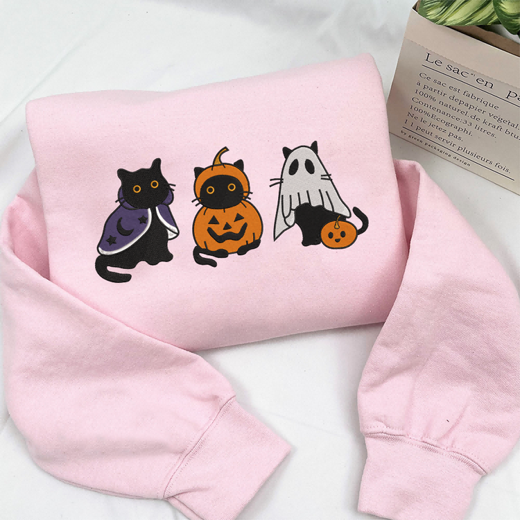 Embroidered Black Cat Sweatshirt, Halloween Sweatshirt