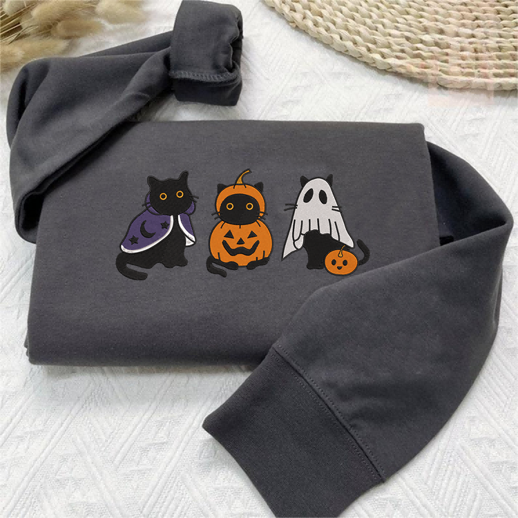 Embroidered Black Cat Sweatshirt, Halloween Sweatshirt