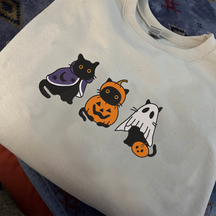 Embroidered Black Cat Sweatshirt, Halloween Sweatshirt